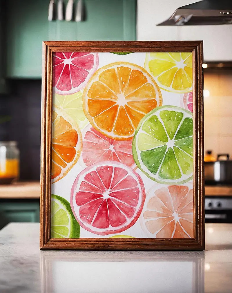 A vibrant watercolor illustration featuring slices of citrus fruits like oranges, lemons, limes, and grapefruits in refreshing colors. Perfect wall art for brightening up a kitchen or dining space with a lively and fresh touch