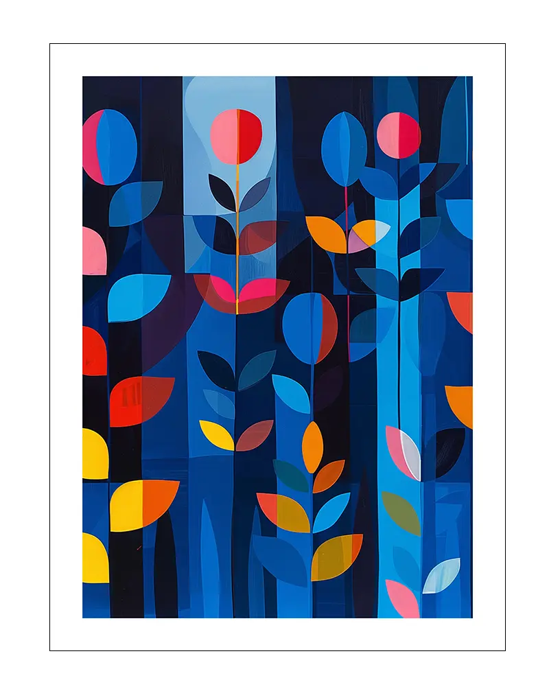 A modern geometric floral wall art illustration with bold shapes of flowers and leaves in shades of blue, red, and yellow. This abstract poster adds a vibrant and artistic touch to any room decor