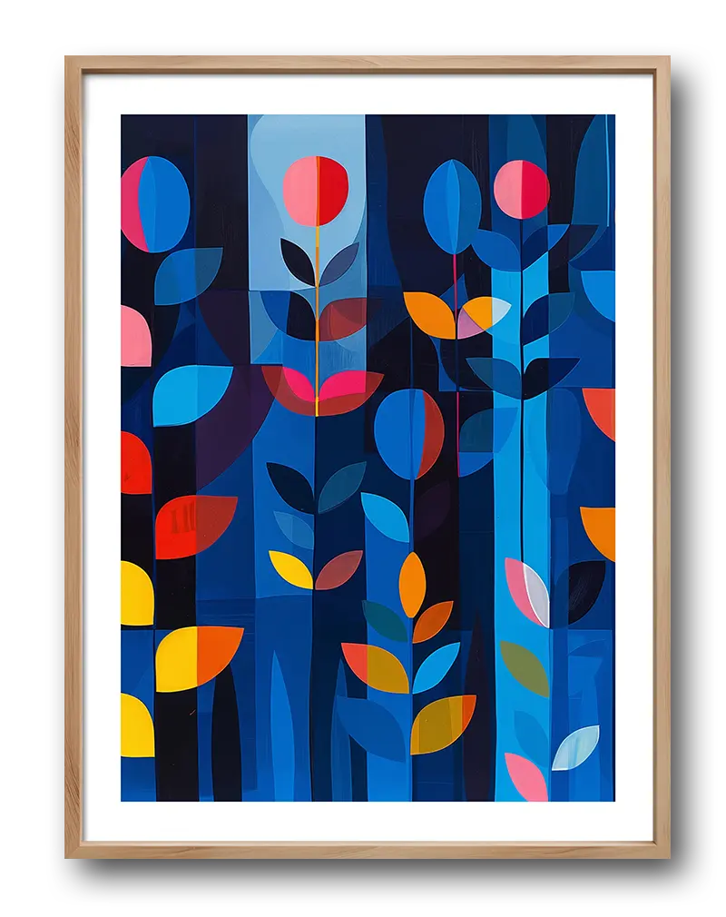 A modern geometric floral wall art illustration with bold shapes of flowers and leaves in shades of blue, red, and yellow. This abstract poster adds a vibrant and artistic touch to any room decor