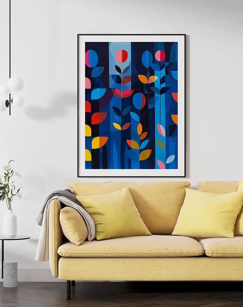 A modern geometric floral wall art illustration with bold shapes of flowers and leaves in shades of blue, red, and yellow. This abstract poster adds a vibrant and artistic touch to any room decor