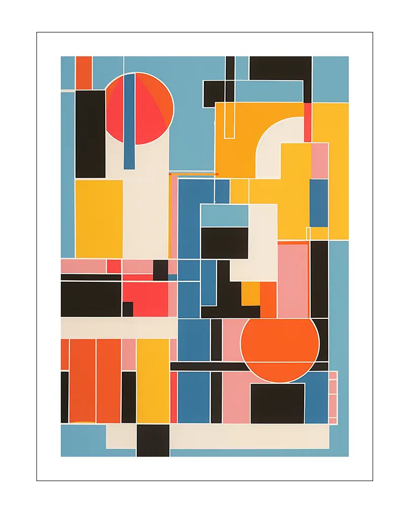 A vibrant modern geometric abstract poster featuring bold blocks of color, including orange, blue, black, and yellow, with sharp lines and shapes. This contemporary wall art illustration adds a dynamic touch to any interior decor