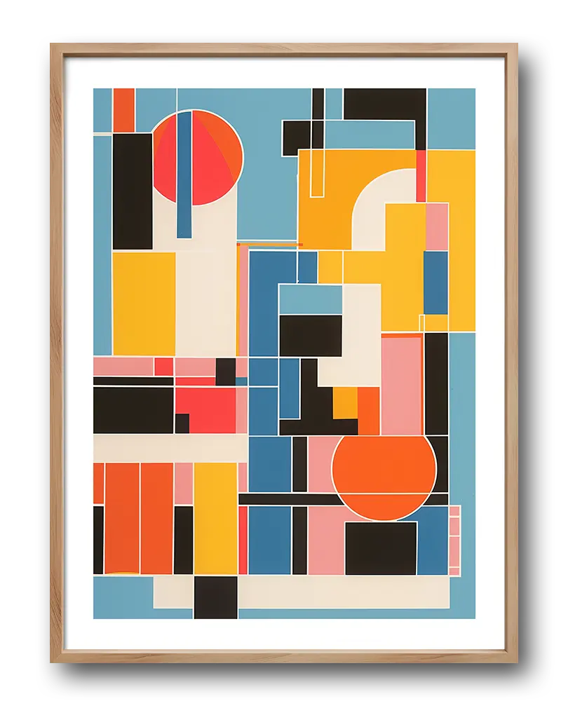 A vibrant modern geometric abstract poster featuring bold blocks of color, including orange, blue, black, and yellow, with sharp lines and shapes. This contemporary wall art illustration adds a dynamic touch to any interior decor