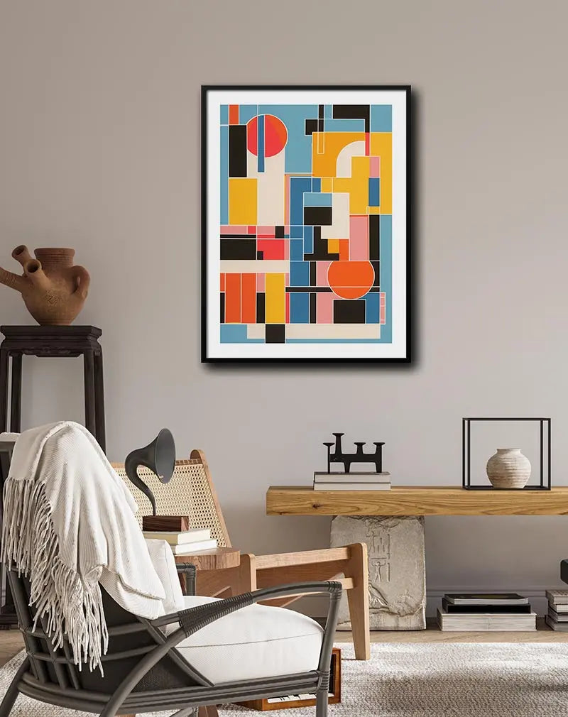 A vibrant modern geometric abstract poster featuring bold blocks of color, including orange, blue, black, and yellow, with sharp lines and shapes. This contemporary wall art illustration adds a dynamic touch to any interior decor