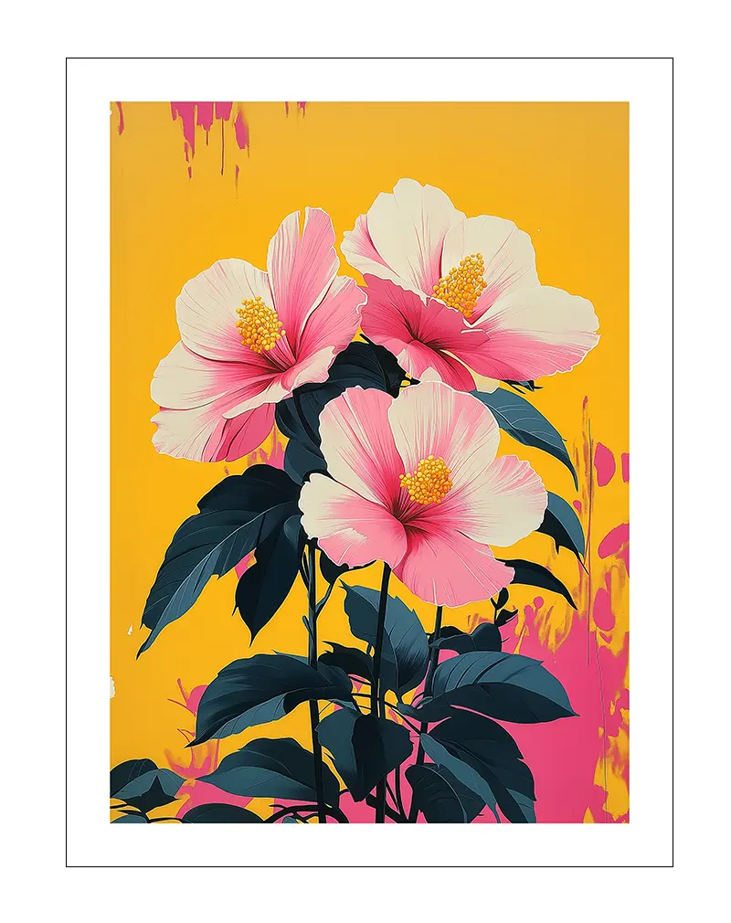 A bold illustration of hibiscus flowers in shades of pink against a vivid yellow background, with dark green leaves adding contrast.