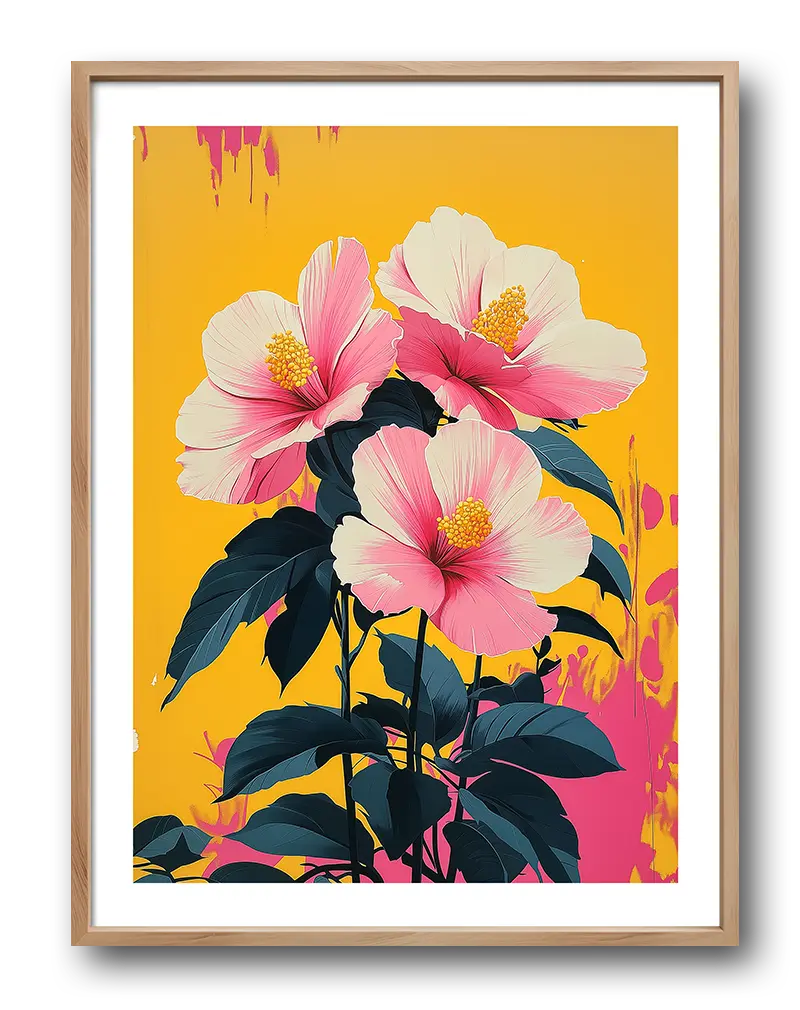 A bold illustration of hibiscus flowers in shades of pink against a vivid yellow background, with dark green leaves adding contrast.