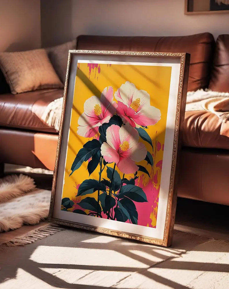 A bold illustration of hibiscus flowers in shades of pink against a vivid yellow background, with dark green leaves adding contrast.