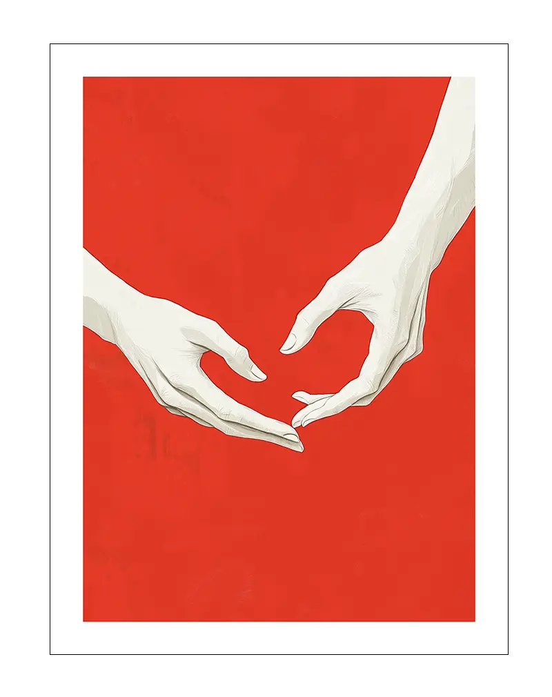 A minimalist wall art poster featuring two white hands almost touching against a bold red background. The clean design and emotional simplicity make this an impactful illustration poster for modern interiors