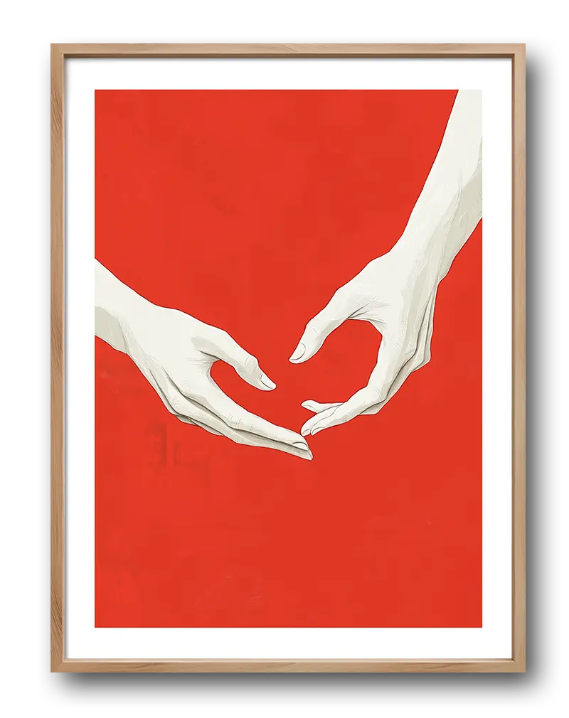 A minimalist wall art poster featuring two white hands almost touching against a bold red background. The clean design and emotional simplicity make this an impactful illustration poster for modern interiors