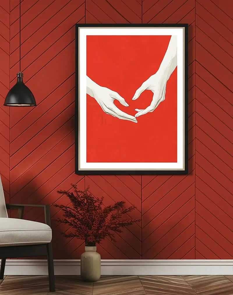 A minimalist wall art poster featuring two white hands almost touching against a bold red background. The clean design and emotional simplicity make this an impactful illustration poster for modern interiors