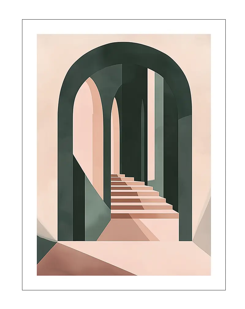 A minimalist architectural illustration poster featuring a geometric archway and stairs in soft pastel tones of pink and green. This modern wall art poster brings a serene and abstract design perfect for contemporary interiors