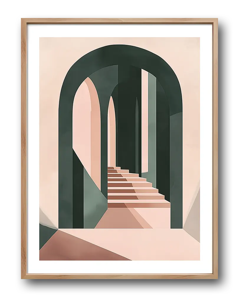 A minimalist architectural illustration poster featuring a geometric archway and stairs in soft pastel tones of pink and green. This modern wall art poster brings a serene and abstract design perfect for contemporary interiors