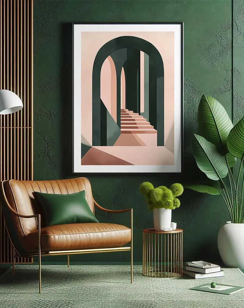 A minimalist architectural illustration poster featuring a geometric archway and stairs in soft pastel tones of pink and green. This modern wall art poster brings a serene and abstract design perfect for contemporary interiors