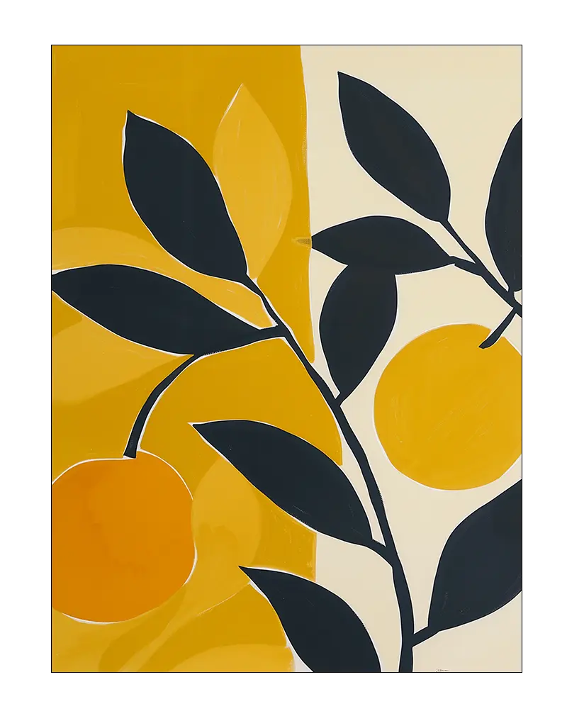 A vibrant botanical illustration poster featuring black leaves and orange fruit set against a contrasting yellow and cream background. This modern wall art poster adds a bold touch of nature-inspired decor to any space