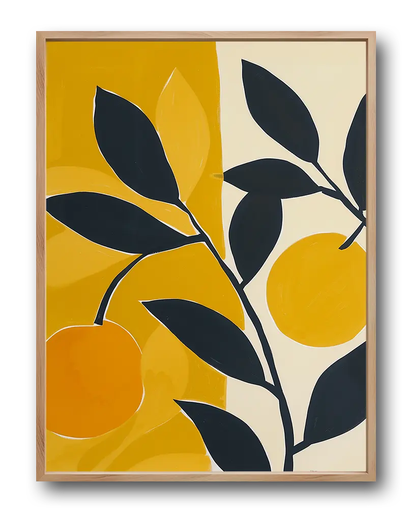 A vibrant botanical illustration poster featuring black leaves and orange fruit set against a contrasting yellow and cream background. This modern wall art poster adds a bold touch of nature-inspired decor to any space