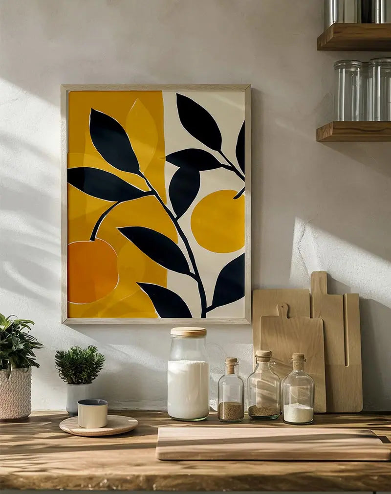 A vibrant botanical illustration poster featuring black leaves and orange fruit set against a contrasting yellow and cream background. This modern wall art poster adds a bold touch of nature-inspired decor to any space