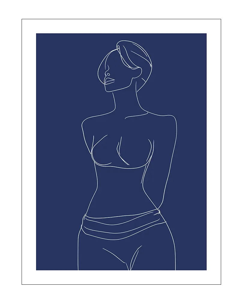 A minimalist line art illustration poster of a female figure on a deep blue background. The simple white line work captures the elegance of the form, making this wall art illustration perfect for modern and stylish decor