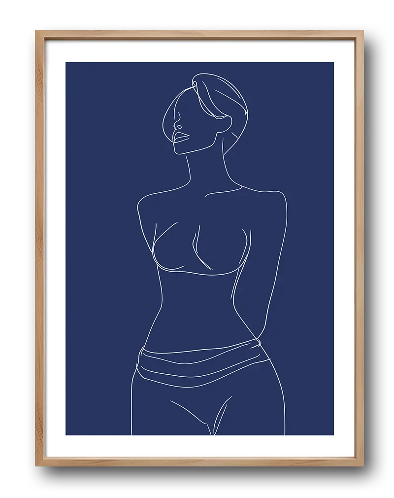 A minimalist line art illustration poster of a female figure on a deep blue background. The simple white line work captures the elegance of the form, making this wall art illustration perfect for modern and stylish decor