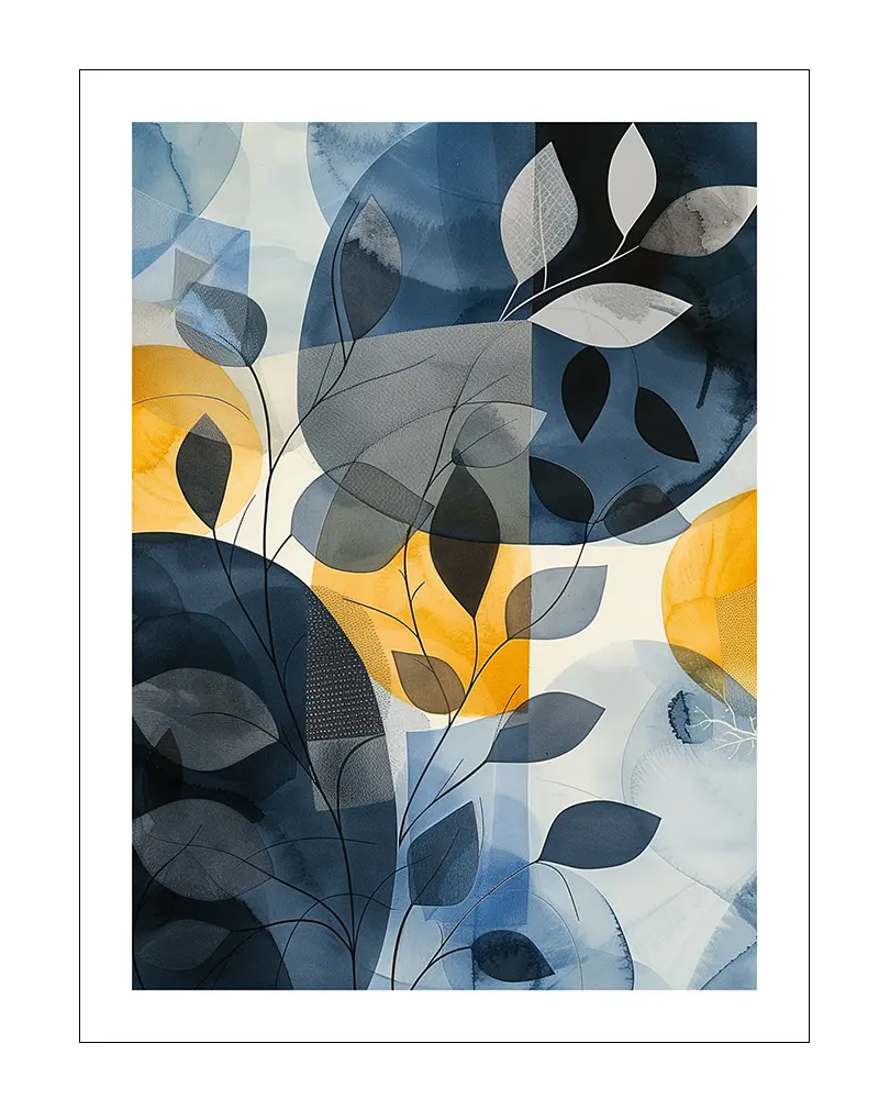 Abstract botanical illustration featuring overlapping blue and yellow leaf shapes with delicate line details, creating a modern wall art poster perfect for enhancing interior decor with nature-inspired designs