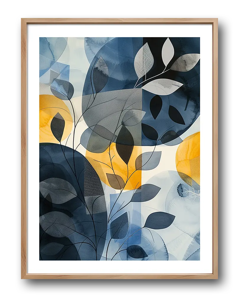 Abstract botanical illustration featuring overlapping blue and yellow leaf shapes with delicate line details, creating a modern wall art poster perfect for enhancing interior decor with nature-inspired designs