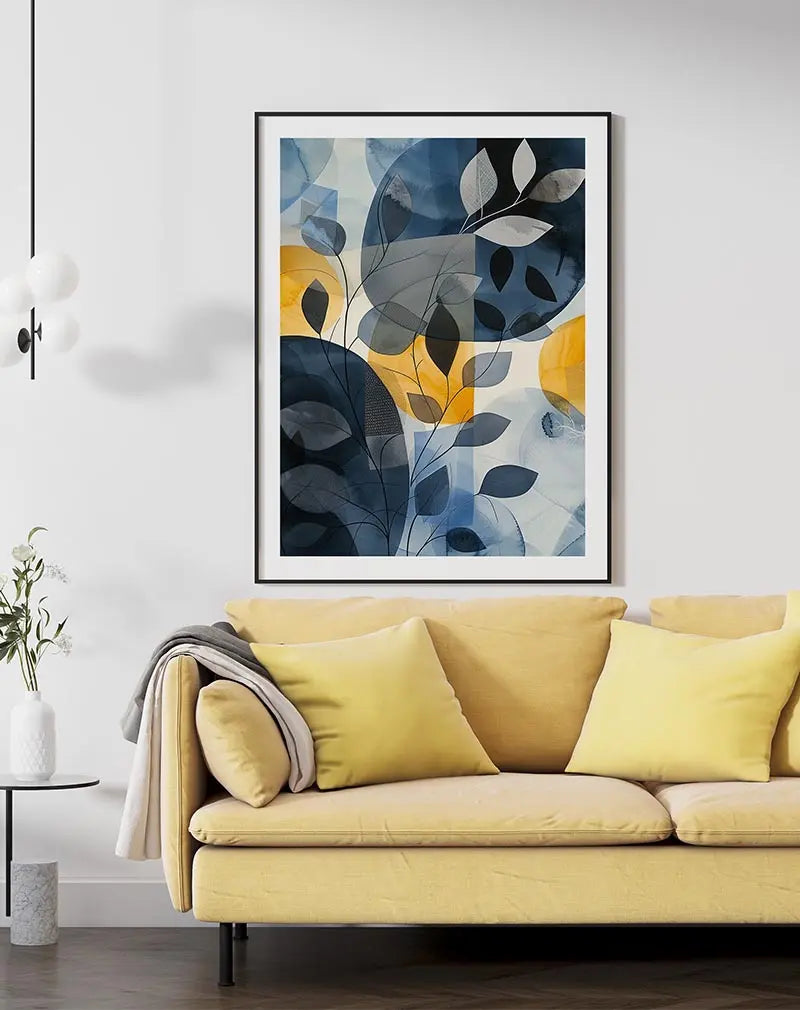 Abstract botanical illustration featuring overlapping blue and yellow leaf shapes with delicate line details, creating a modern wall art poster perfect for enhancing interior decor with nature-inspired designs