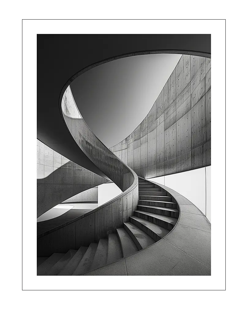 Monochrome illustration of a sleek, spiral architectural staircase design with concrete textures, offering a minimalist and modern wall art poster perfect for adding an elegant, structural aesthetic to interior spaces