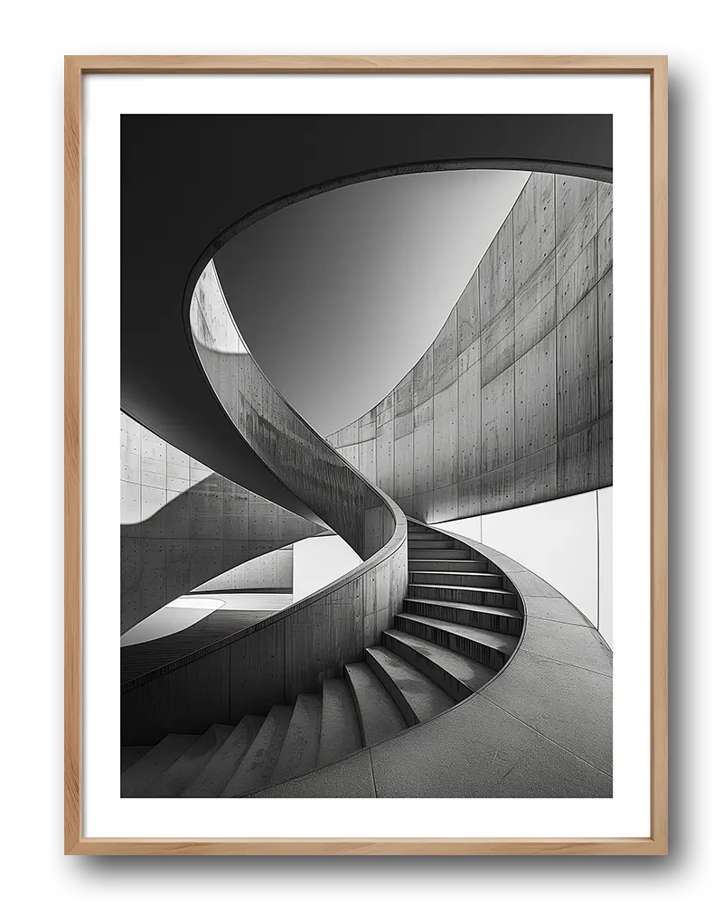 Monochrome illustration of a sleek, spiral architectural staircase design with concrete textures, offering a minimalist and modern wall art poster perfect for adding an elegant, structural aesthetic to interior spaces