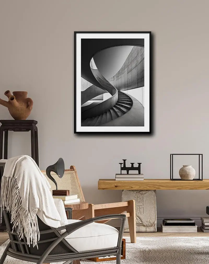 Monochrome illustration of a sleek, spiral architectural staircase design with concrete textures, offering a minimalist and modern wall art poster perfect for adding an elegant, structural aesthetic to interior spaces