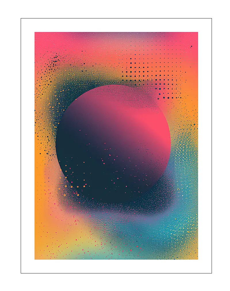 Vibrant abstract poster featuring a gradient circle in shades of pink, blue, and orange with a dotted texture effect, perfect for modern wall art or illustration lovers seeking colorful, contemporary decor