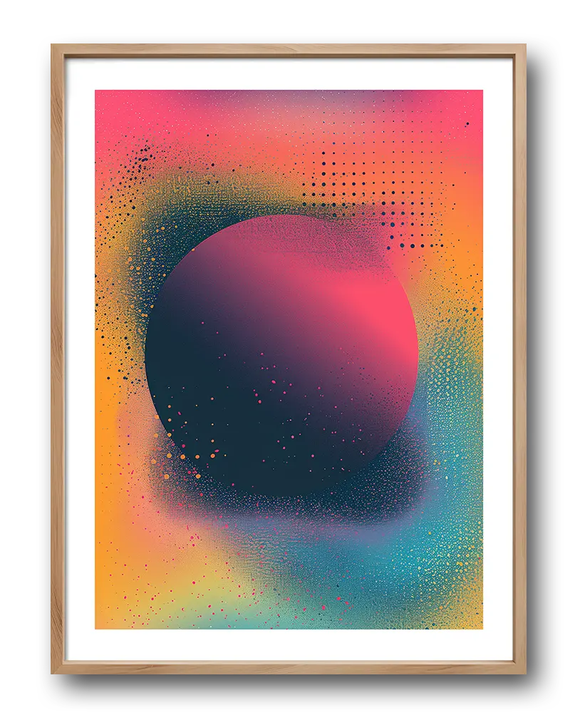 Vibrant abstract poster featuring a gradient circle in shades of pink, blue, and orange with a dotted texture effect, perfect for modern wall art or illustration lovers seeking colorful, contemporary decor