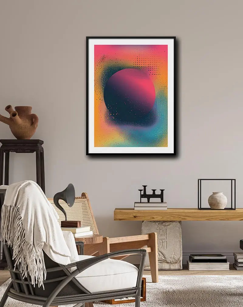 Vibrant abstract poster featuring a gradient circle in shades of pink, blue, and orange with a dotted texture effect, perfect for modern wall art or illustration lovers seeking colorful, contemporary decor