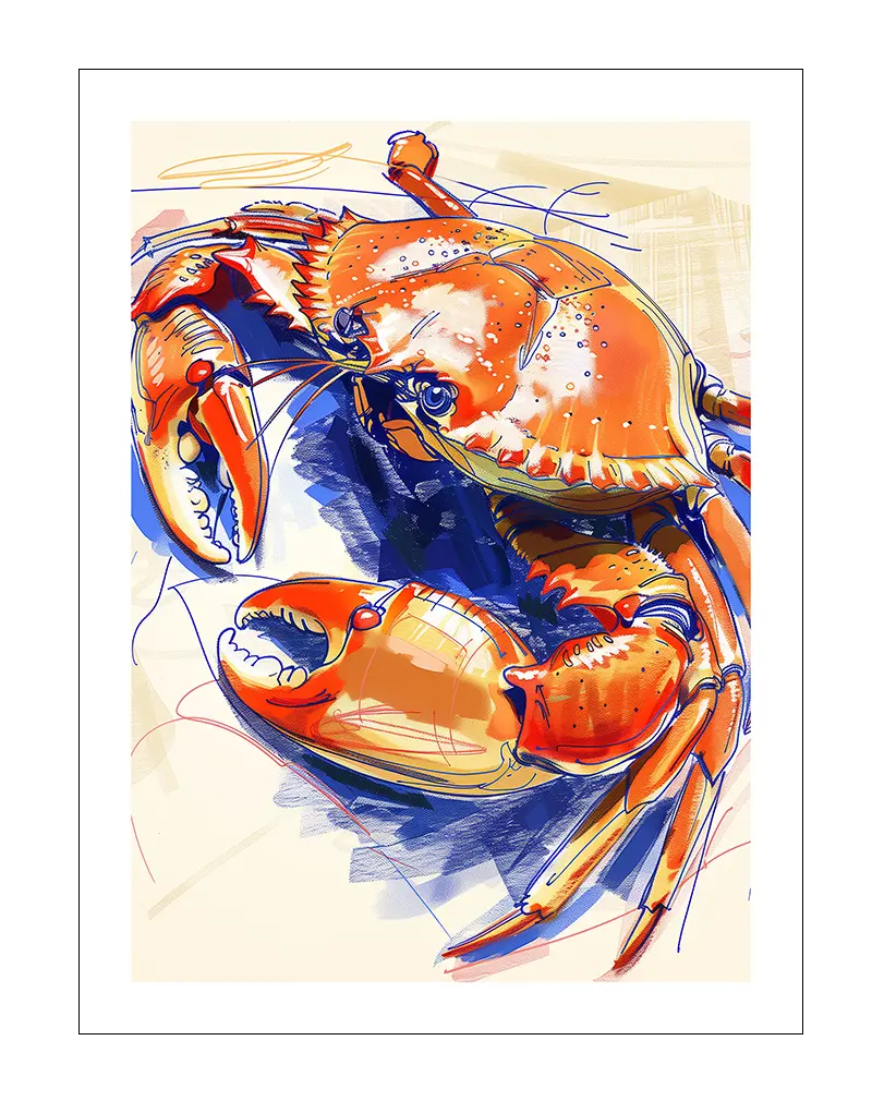 Dynamic illustration of a crab in vibrant orange and blue tones, featuring bold lines and abstract detailing, ideal as a coastal-inspired wall art poster for a modern interior