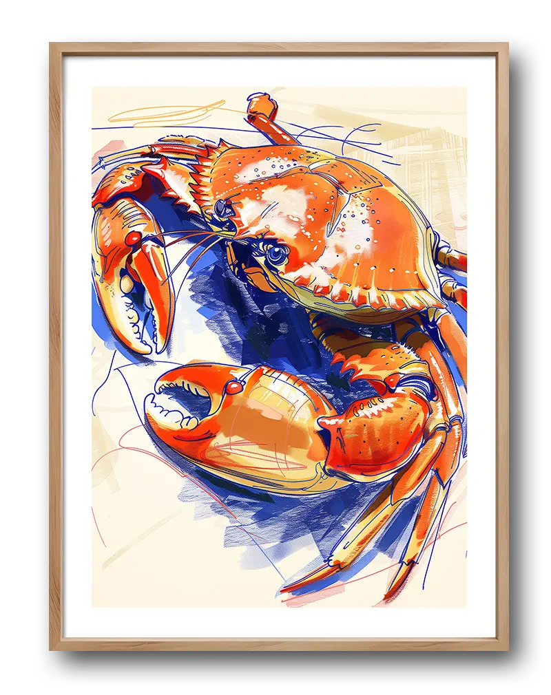 Dynamic illustration of a crab in vibrant orange and blue tones, featuring bold lines and abstract detailing, ideal as a coastal-inspired wall art poster for a modern interior