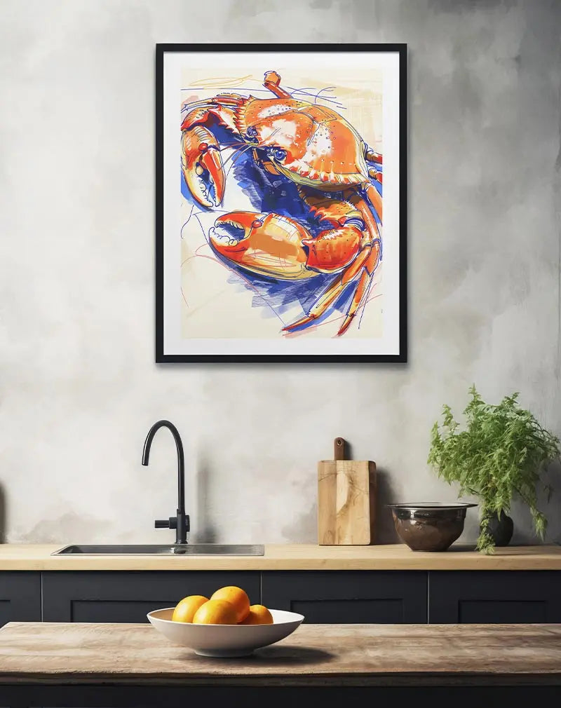 Dynamic illustration of a crab in vibrant orange and blue tones, featuring bold lines and abstract detailing, ideal as a coastal-inspired wall art poster for a modern interior