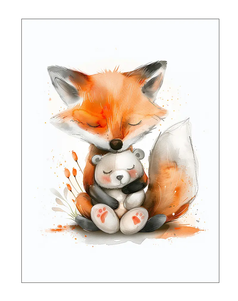 Cute illustration of a fox hugging a small bear, with soft watercolor effects and warm orange tones, perfect for a children’s room wall art poster or illustration