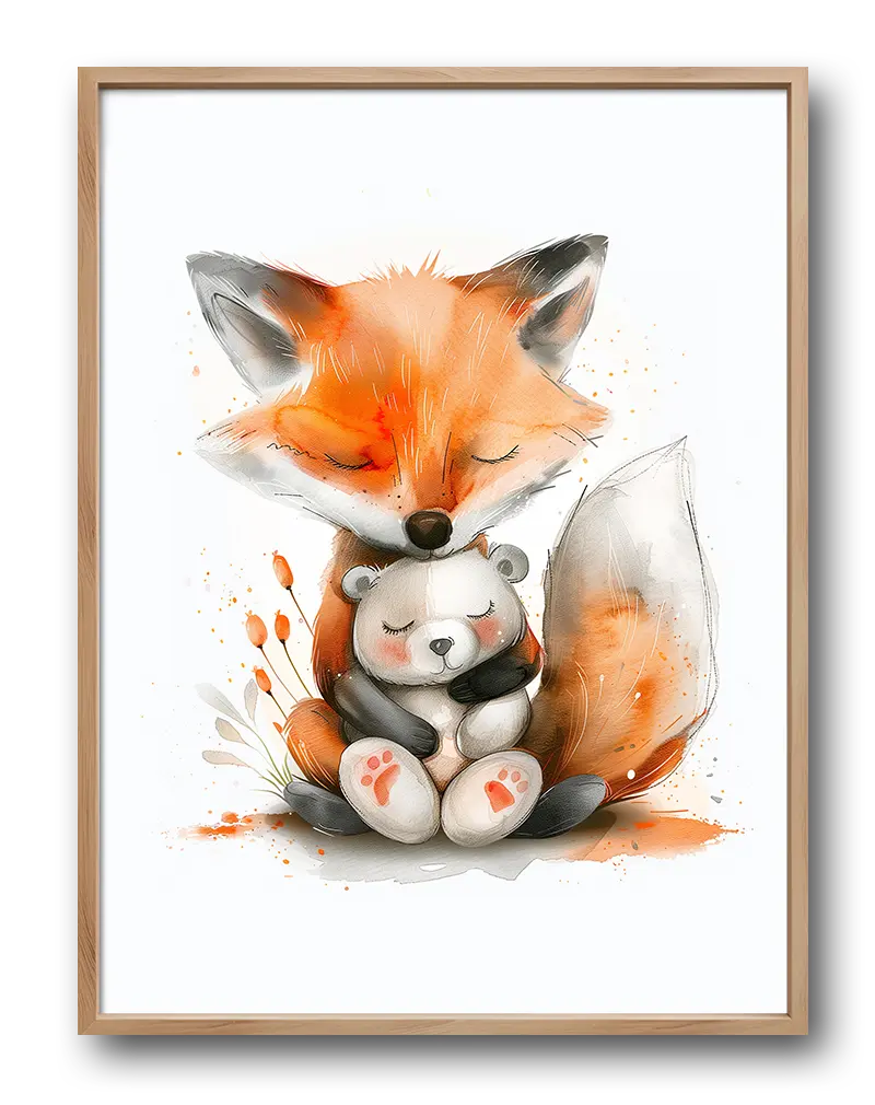 Cute illustration of a fox hugging a small bear, with soft watercolor effects and warm orange tones, perfect for a children’s room wall art poster or illustration