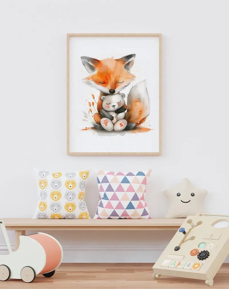 Cute illustration of a fox hugging a small bear, with soft watercolor effects and warm orange tones, perfect for a children’s room wall art poster or illustration