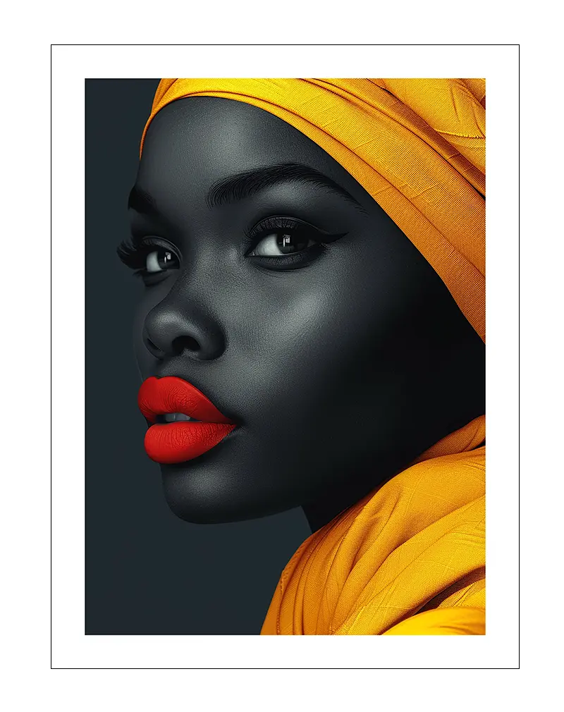 Striking portrait of a woman with smooth, dark skin, wearing a bright yellow turban and bold red lipstick, captured in a vibrant and modern illustration style, ideal for wall art or poster decor