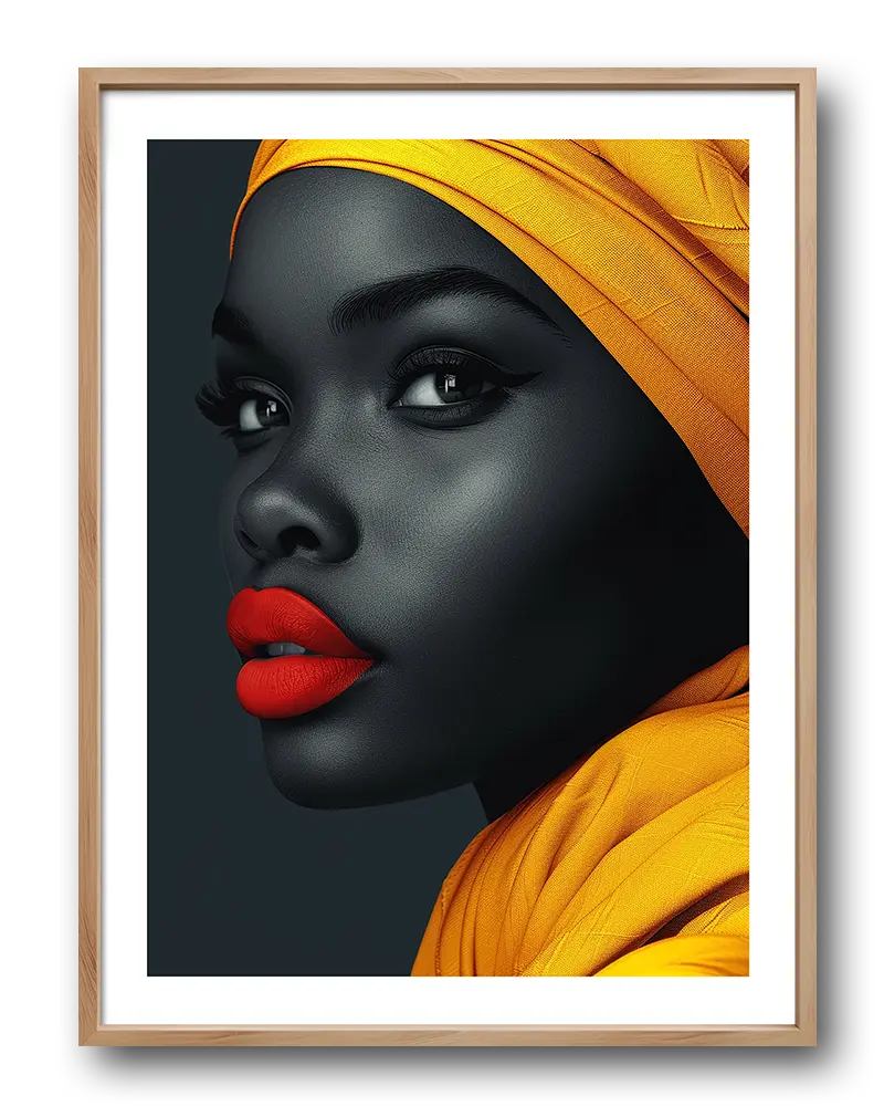 Striking portrait of a woman with smooth, dark skin, wearing a bright yellow turban and bold red lipstick, captured in a vibrant and modern illustration style, ideal for wall art or poster decor