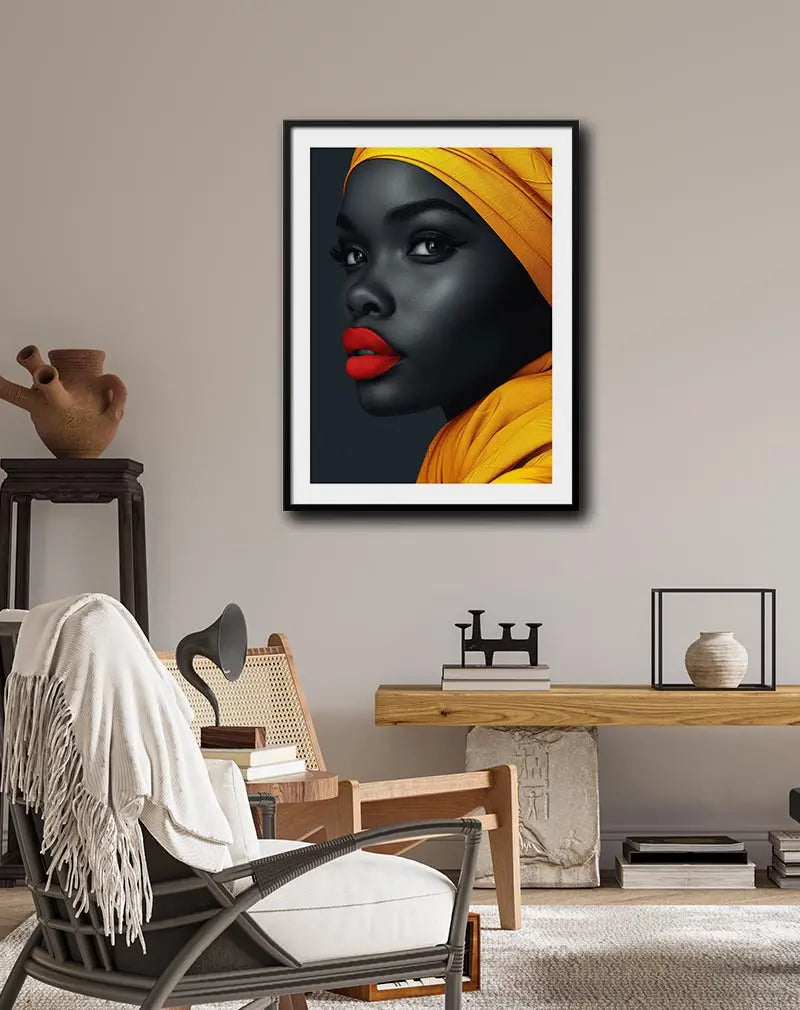 Striking portrait of a woman with smooth, dark skin, wearing a bright yellow turban and bold red lipstick, captured in a vibrant and modern illustration style, ideal for wall art or poster decor