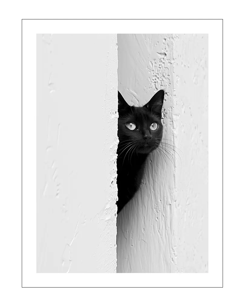 A minimalist black and white photograph of a black cat peeking around a textured wall, capturing its curious expression and striking eyes. Ideal for wall art or poster decor