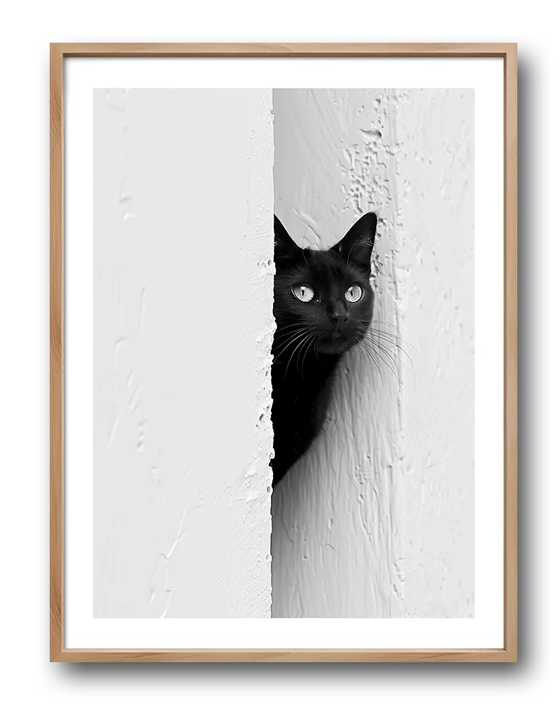 A minimalist black and white photograph of a black cat peeking around a textured wall, capturing its curious expression and striking eyes. Ideal for wall art or poster decor