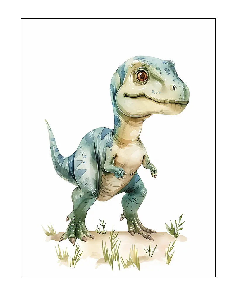 A cute illustration of a baby dinosaur standing on a patch of grass, with soft pastel colors. This playful and charming artwork is perfect for wall art or a poster in a child's room