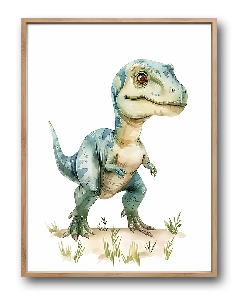 A cute illustration of a baby dinosaur standing on a patch of grass, with soft pastel colors. This playful and charming artwork is perfect for wall art or a poster in a child's room