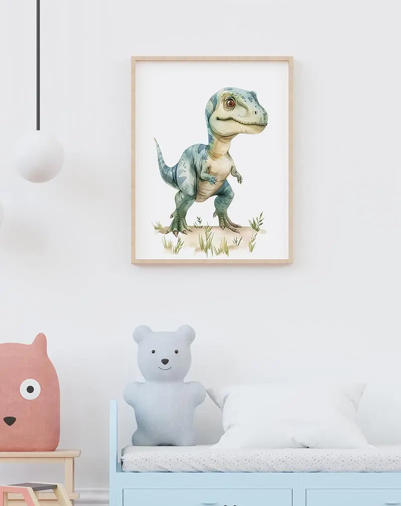 A cute illustration of a baby dinosaur standing on a patch of grass, with soft pastel colors. This playful and charming artwork is perfect for wall art or a poster in a child's room