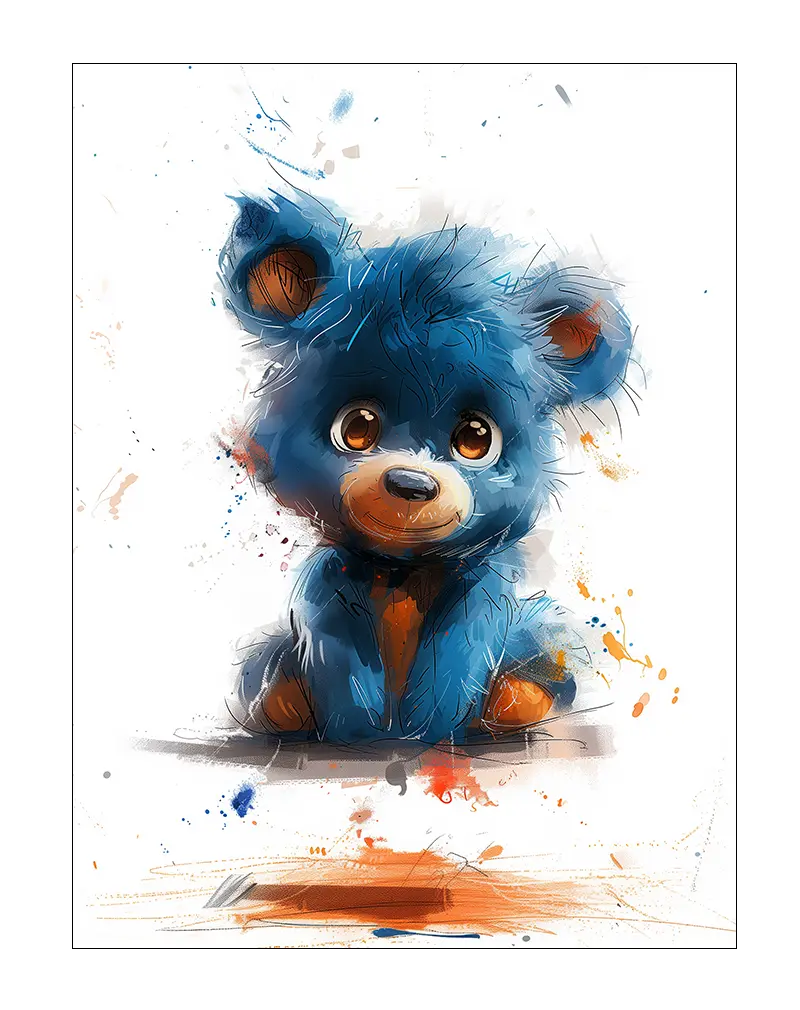 A vibrant and playful illustration of a blue teddy bear with a mix of orange accents. The artwork features splashes of color, adding an energetic and artistic touch, making it ideal as wall art or a poster for a child's room