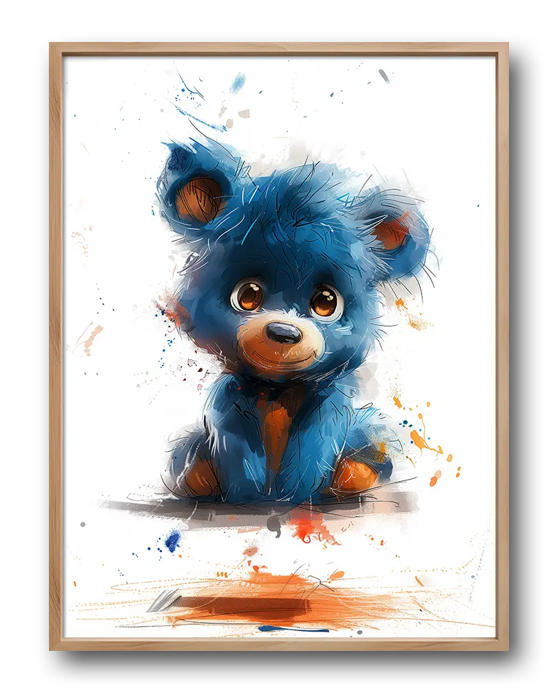 A vibrant and playful illustration of a blue teddy bear with a mix of orange accents. The artwork features splashes of color, adding an energetic and artistic touch, making it ideal as wall art or a poster for a child's room