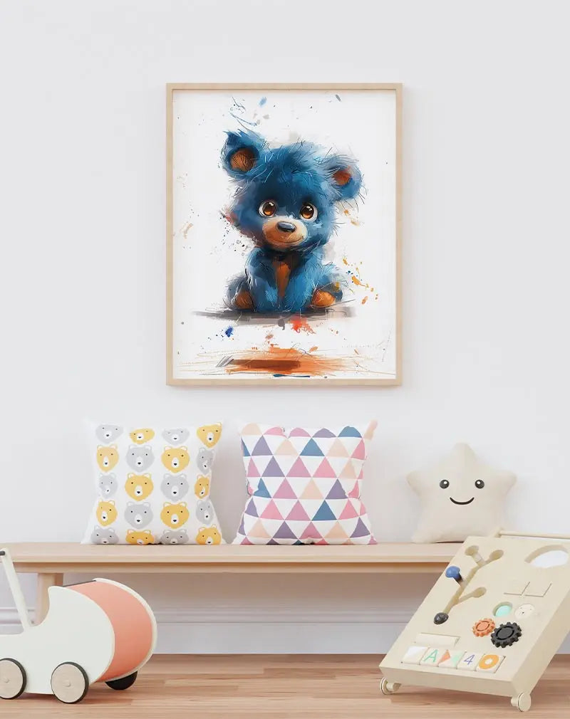 A vibrant and playful illustration of a blue teddy bear with a mix of orange accents. The artwork features splashes of color, adding an energetic and artistic touch, making it ideal as wall art or a poster for a child's room