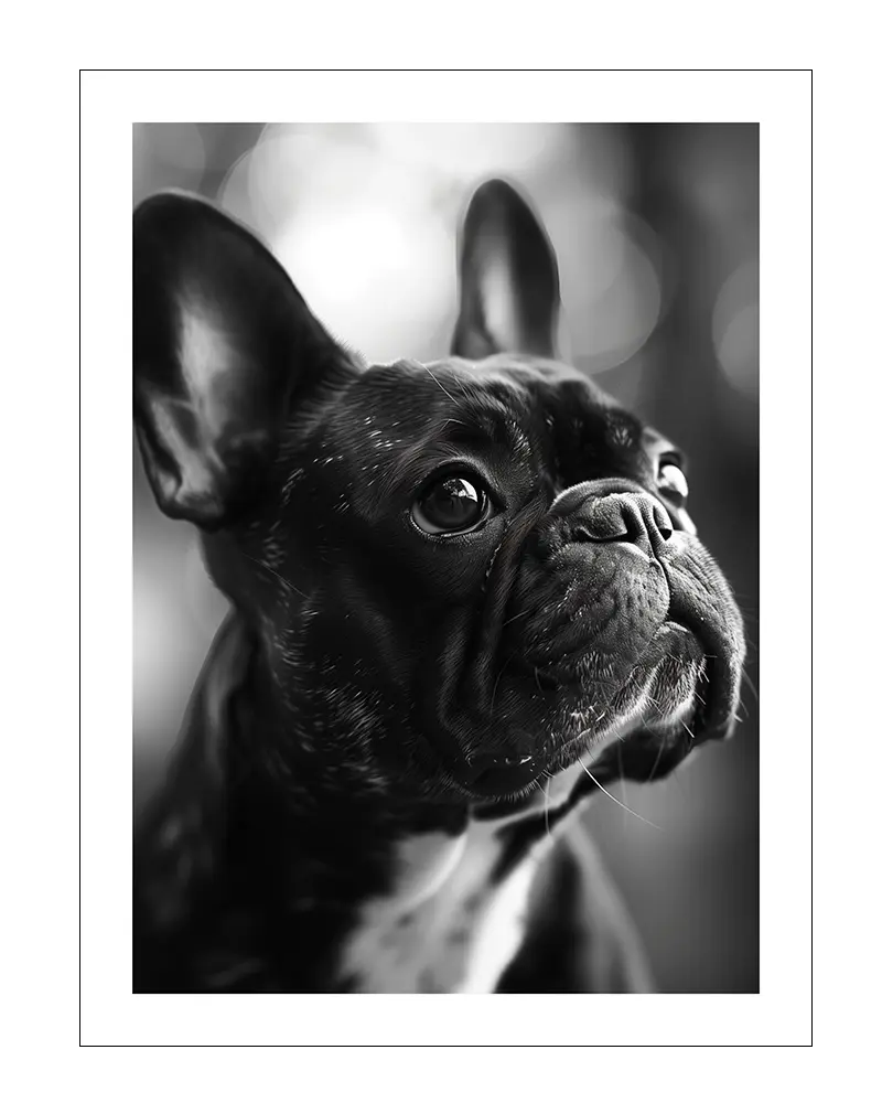 A striking black-and-white photograph of a French Bulldog. The close-up captures the dog's expressive eyes and distinctive wrinkled face, making this image a perfect addition to any wall art or poster collection, especially for dog lovers