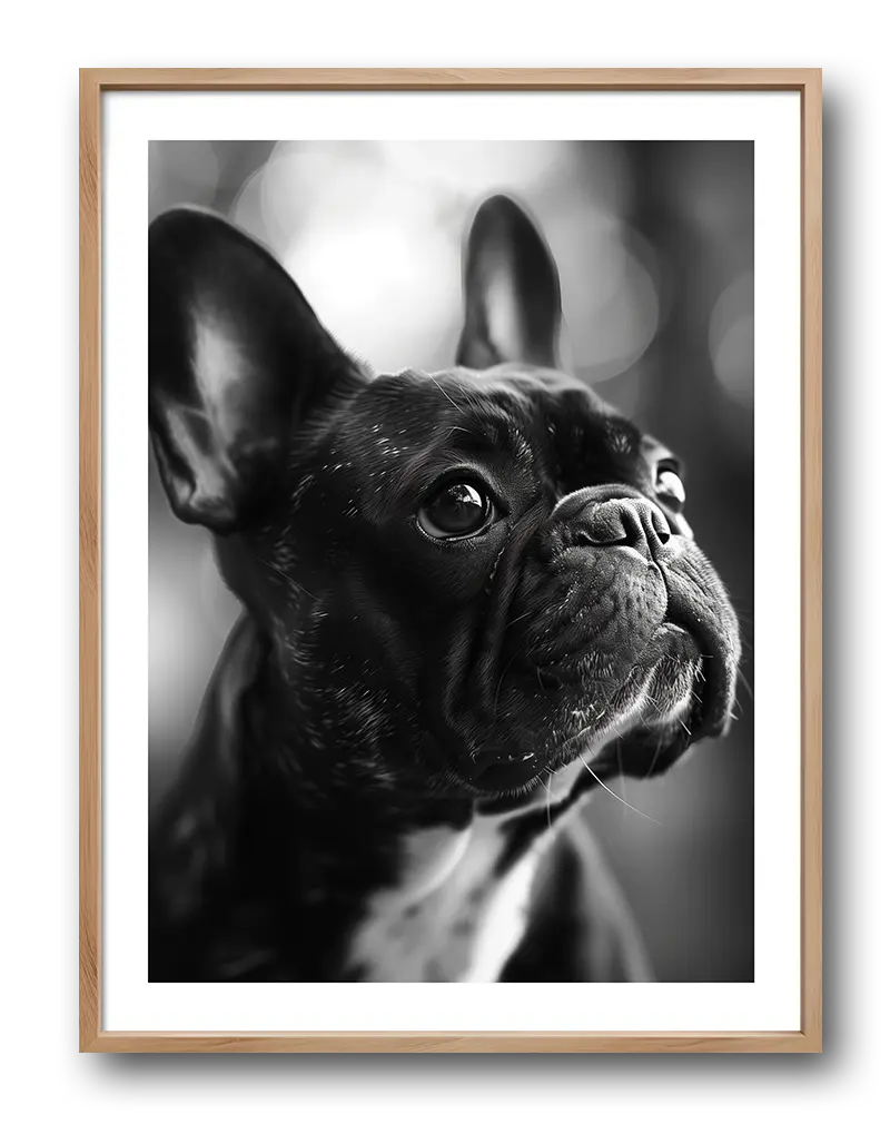 A striking black-and-white photograph of a French Bulldog. The close-up captures the dog's expressive eyes and distinctive wrinkled face, making this image a perfect addition to any wall art or poster collection, especially for dog lovers