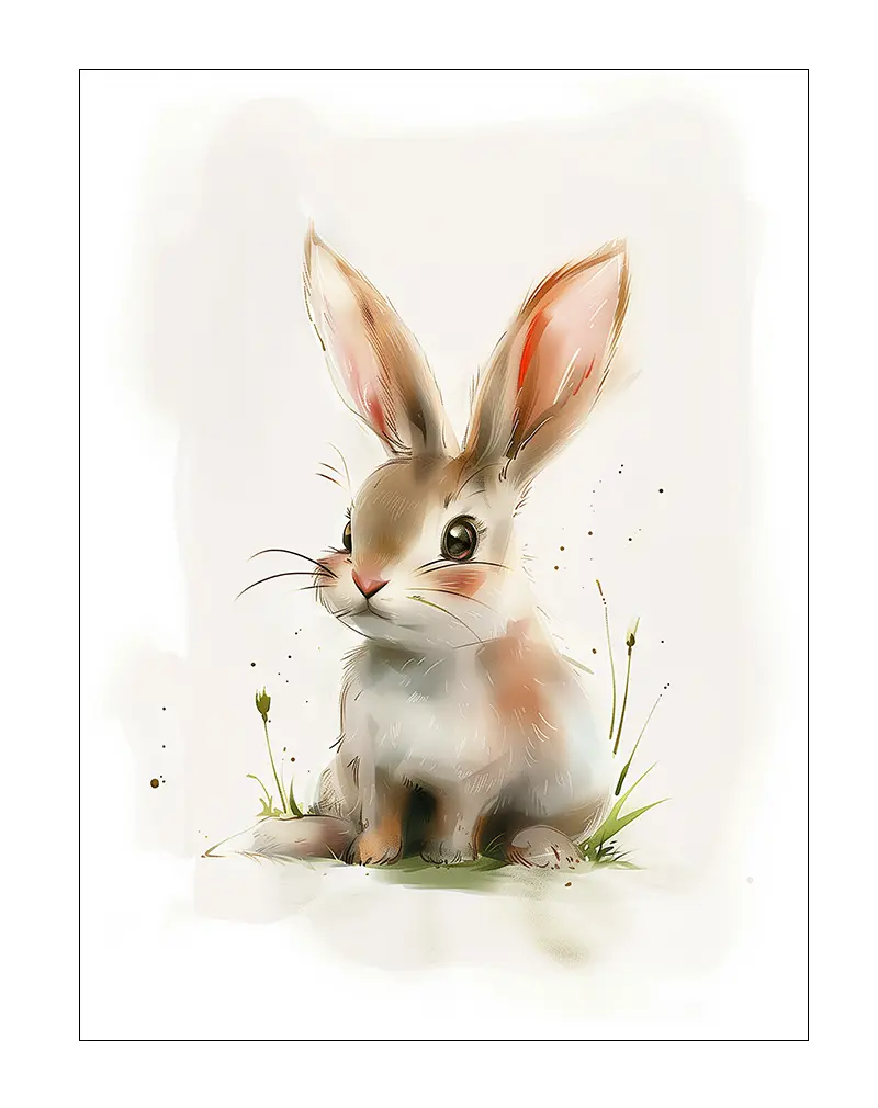 A charming illustration of a cute bunny sitting on grass with a whimsical background. The rabbit's large ears and sweet expression make this perfect for children's rooms or as playful wall art, illustration, or poster for animal lovers